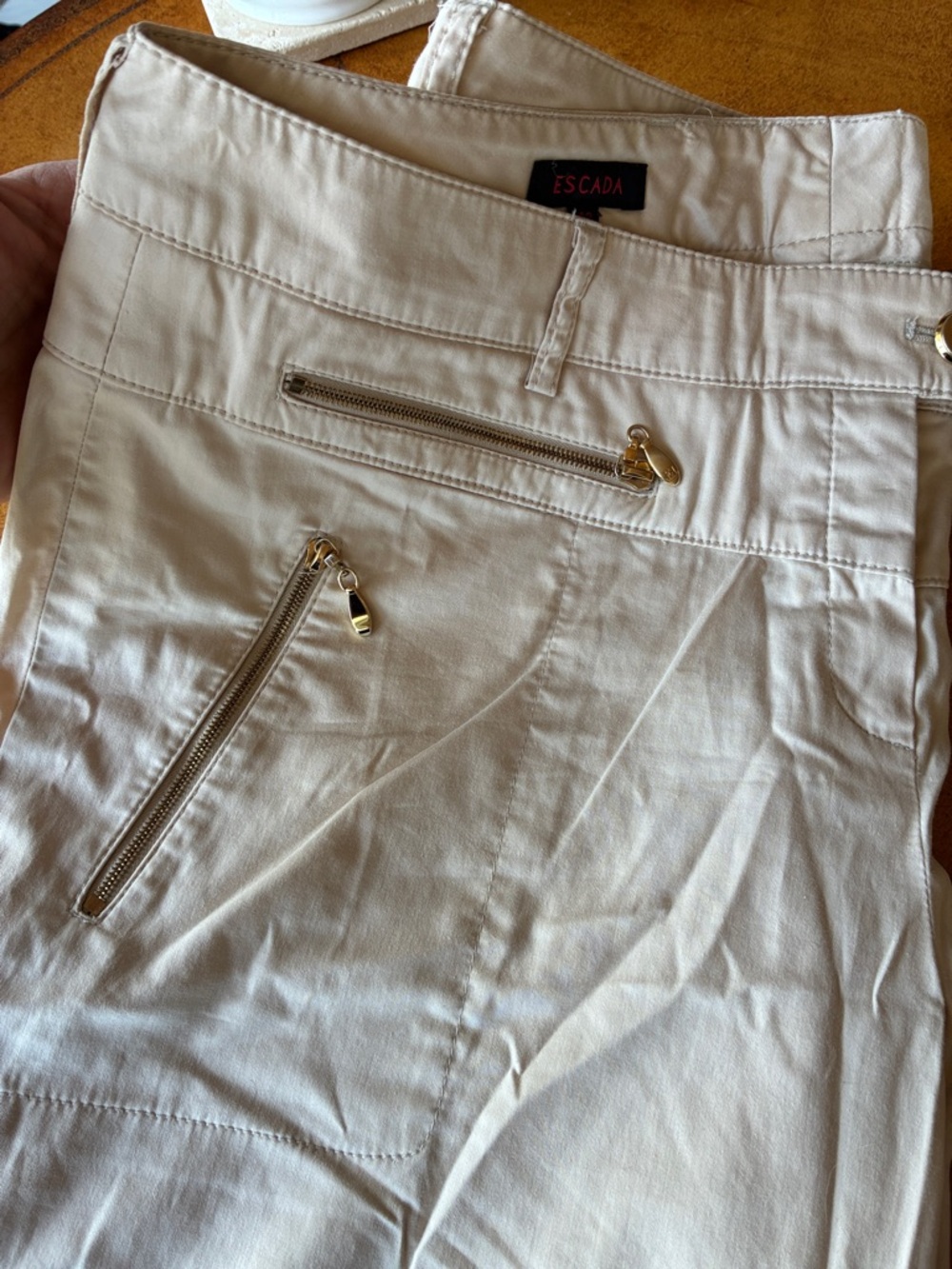 Escada Ivory Pants with Gold Zipper Accents